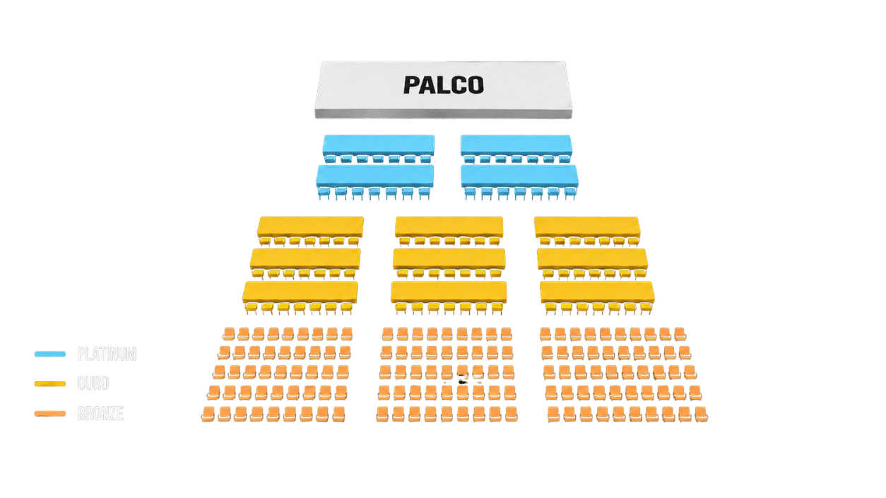 Mapa de assentos do Batel Convention Hall, diferenciando os setores Platinum, Ouro e Bronze